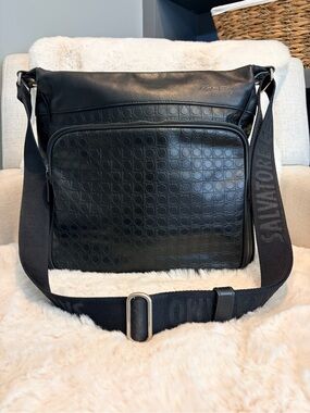Salvatore Ferragamo Black Embossed Large Leather Messenger Bag